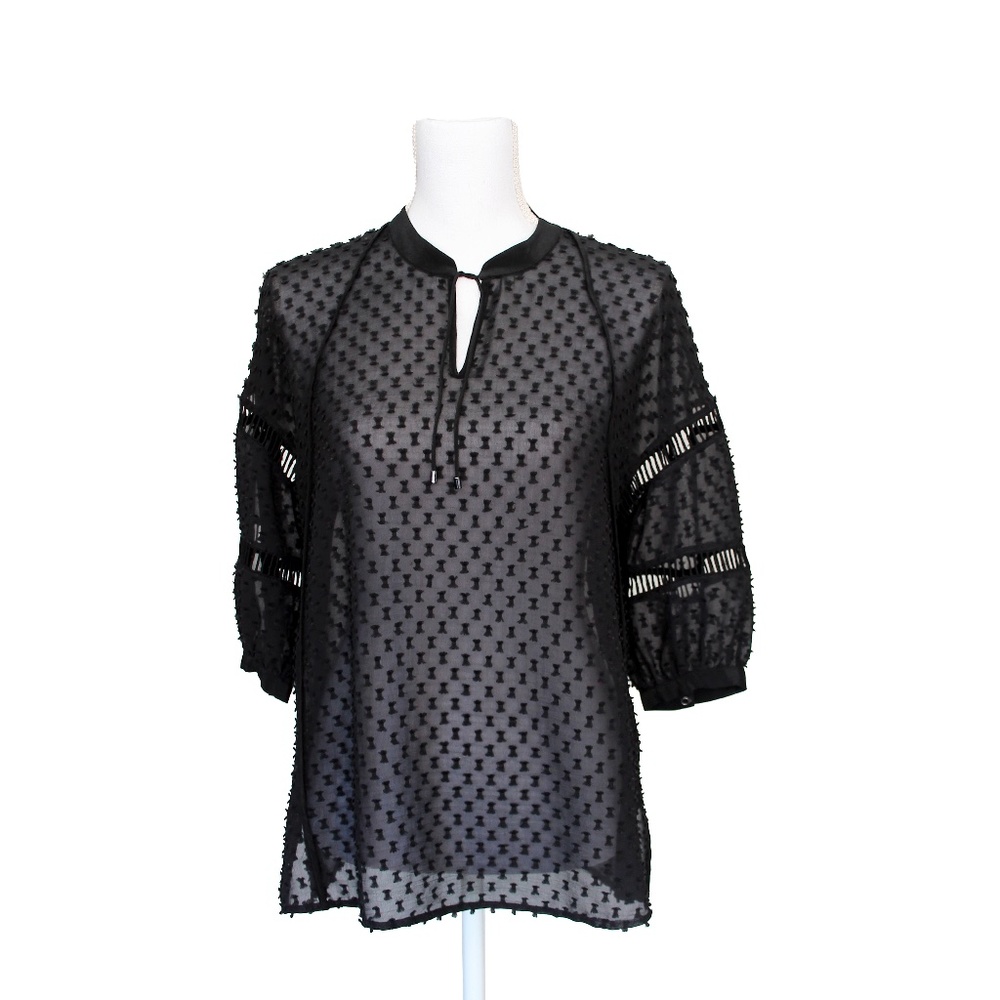 OHNE TITEL Semi-Sheer Three-Quarter Sleeve Swiss Dot Black Top